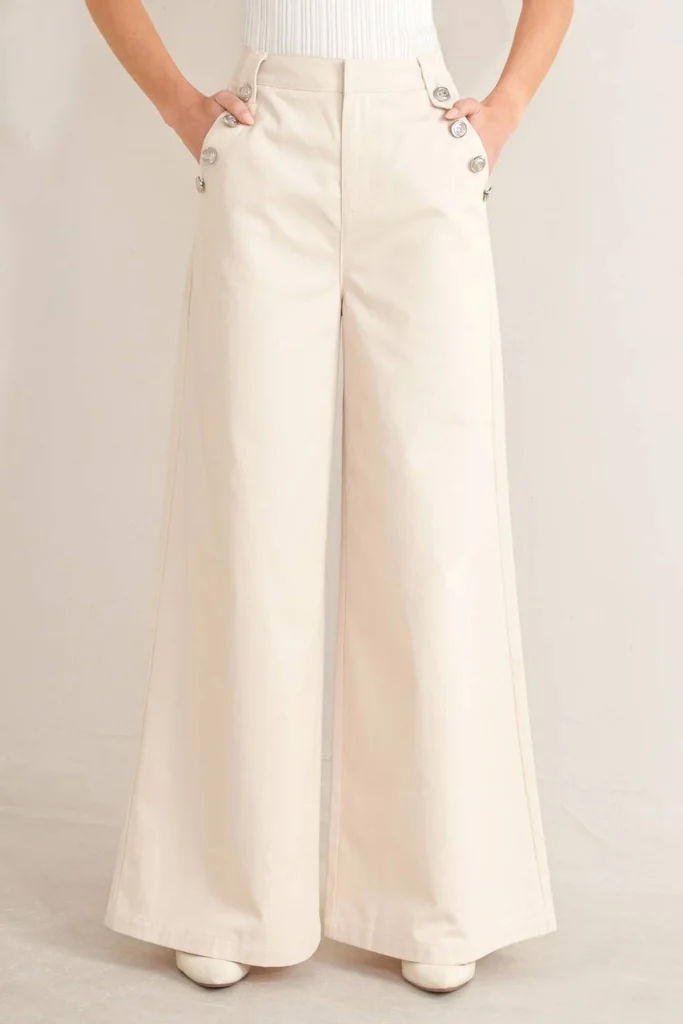 Beige effen geweven lange broek zilveren knopen dames JUVIQ