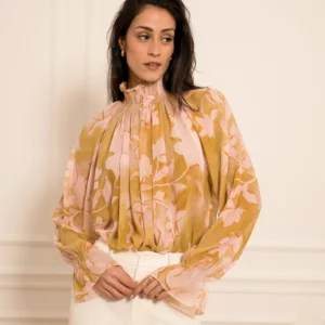 Gele elegante luchtige blouse met lange mouwen en bloemen dames JUVIQ