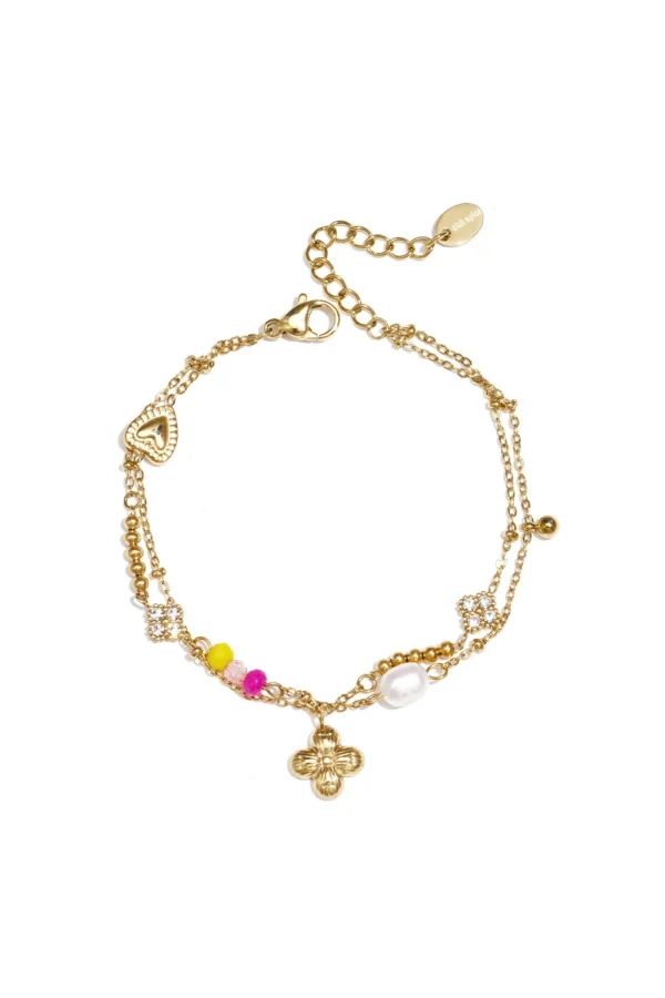 Armband met hangend klavertje, parel en kralen