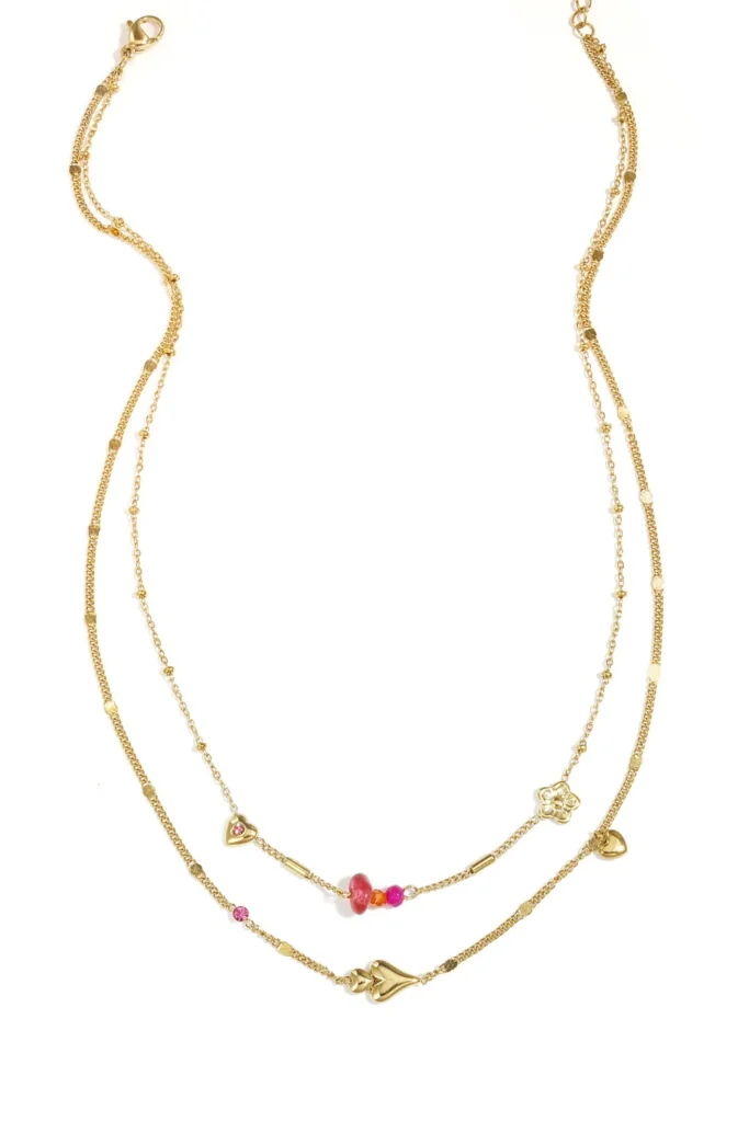 Dubbele ketting met hartjes, kralen en bloemen